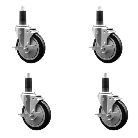 Service Caster 5'' Black Poly Swivel 1-1/4'' Expanding Stem Caster Set with Brake, 4PK SCC-EX20S514-PPUB-BLK-TLB-114-4